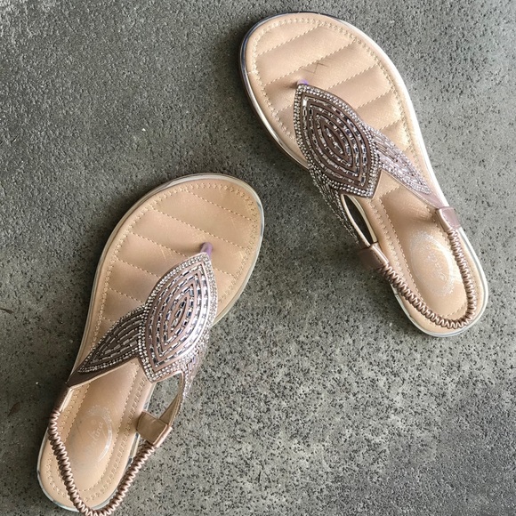 Italina Champagne Art Deco Rhinestone Embellished Flat Thong Slingback Sandal - Picture 7 of 10